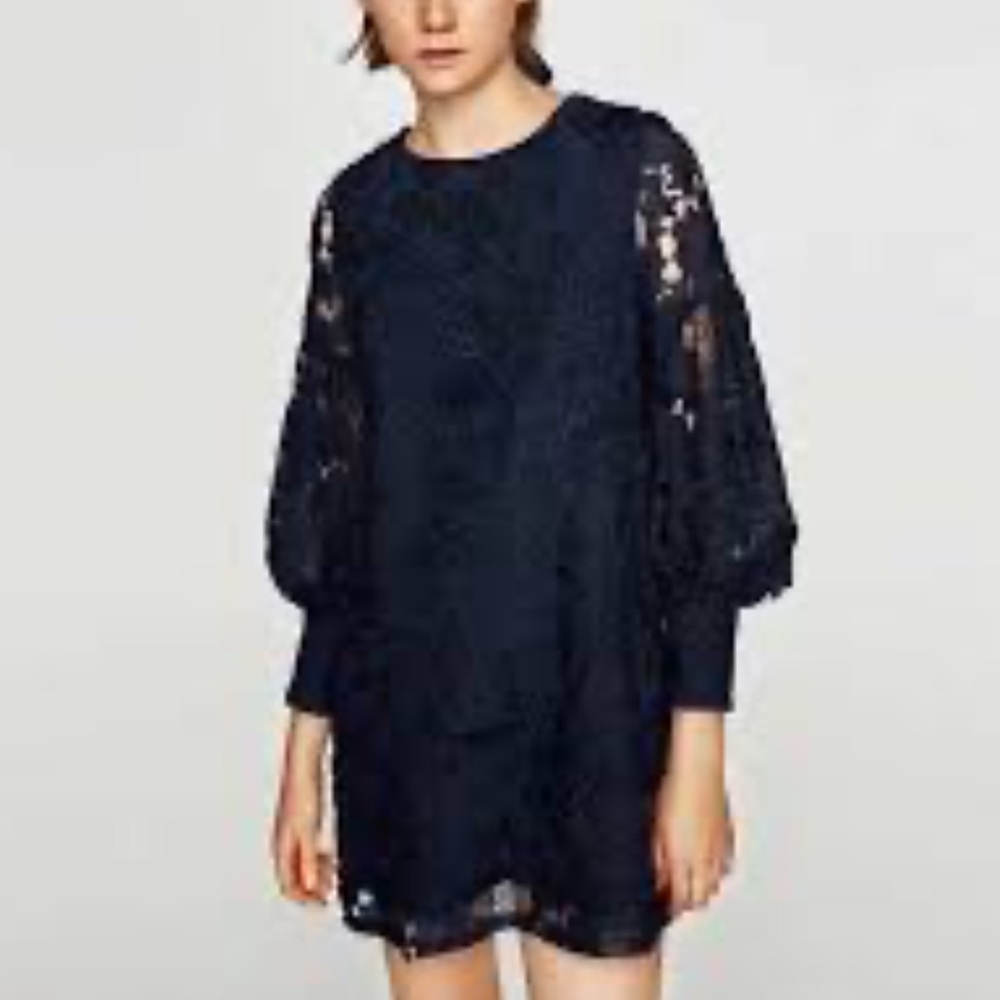 ZARA Guipure Floral Lace Lantern Sleeve Open Back Dress Blue Size Small - Picture 11 of 11